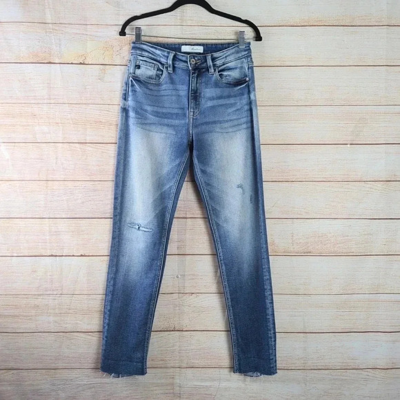 Kancan Women's Size 7/27 Kaly Highrise Slim St Leg Distressed Blue Stretchy Jean - Picture 2 of 14